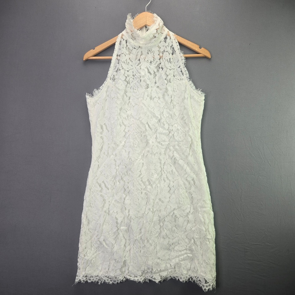 Lioness Lace Mini Dress M White High Neck Sleeveless Eyelash Trim Back Zip
